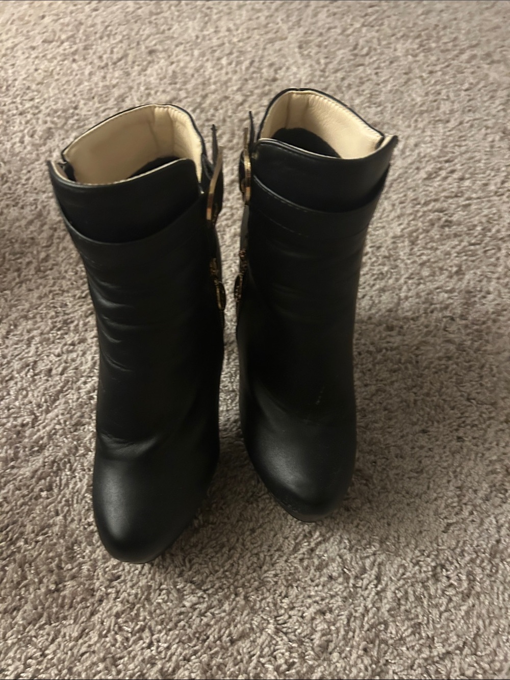 SHEIN Black Ankle Booties with Gold Buckle Accents